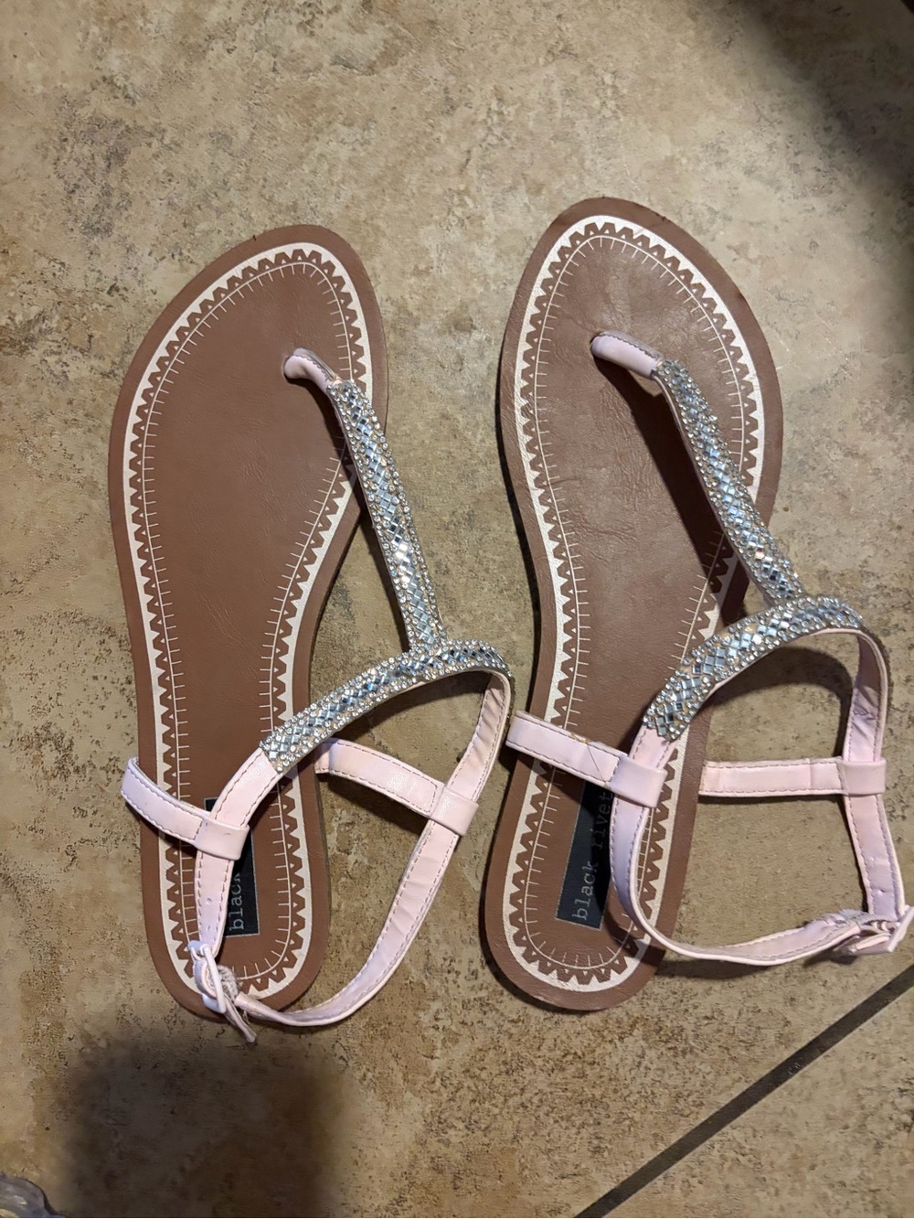 Black Rivet Pink Rhinestone T-Strap Sandals